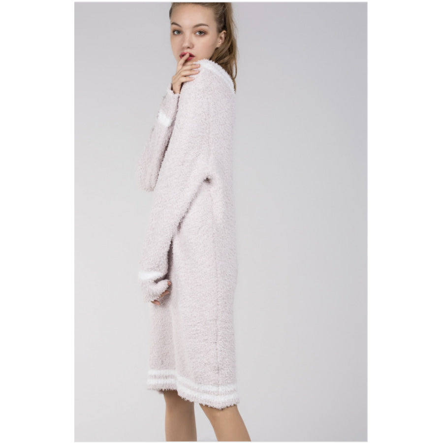 NEW! Berber Fleece Contrast Stripe Hem Pullover V-neck Dress Sleepwear