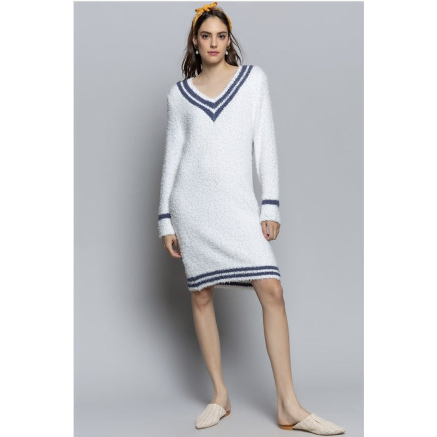 NEW! Berber Fleece Contrast Stripe Hem Pullover V-neck Dress Sleepwear