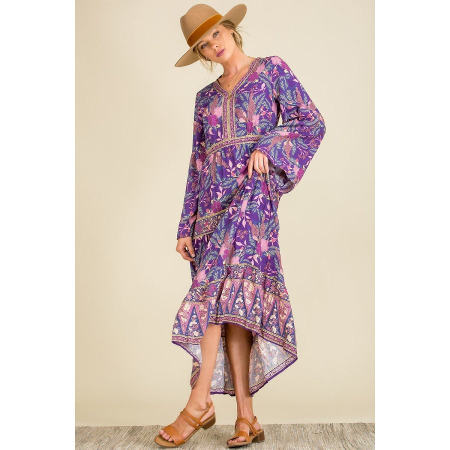 NEW! Long Wide Sleeve Boho Dress in Purple Floral Dresses