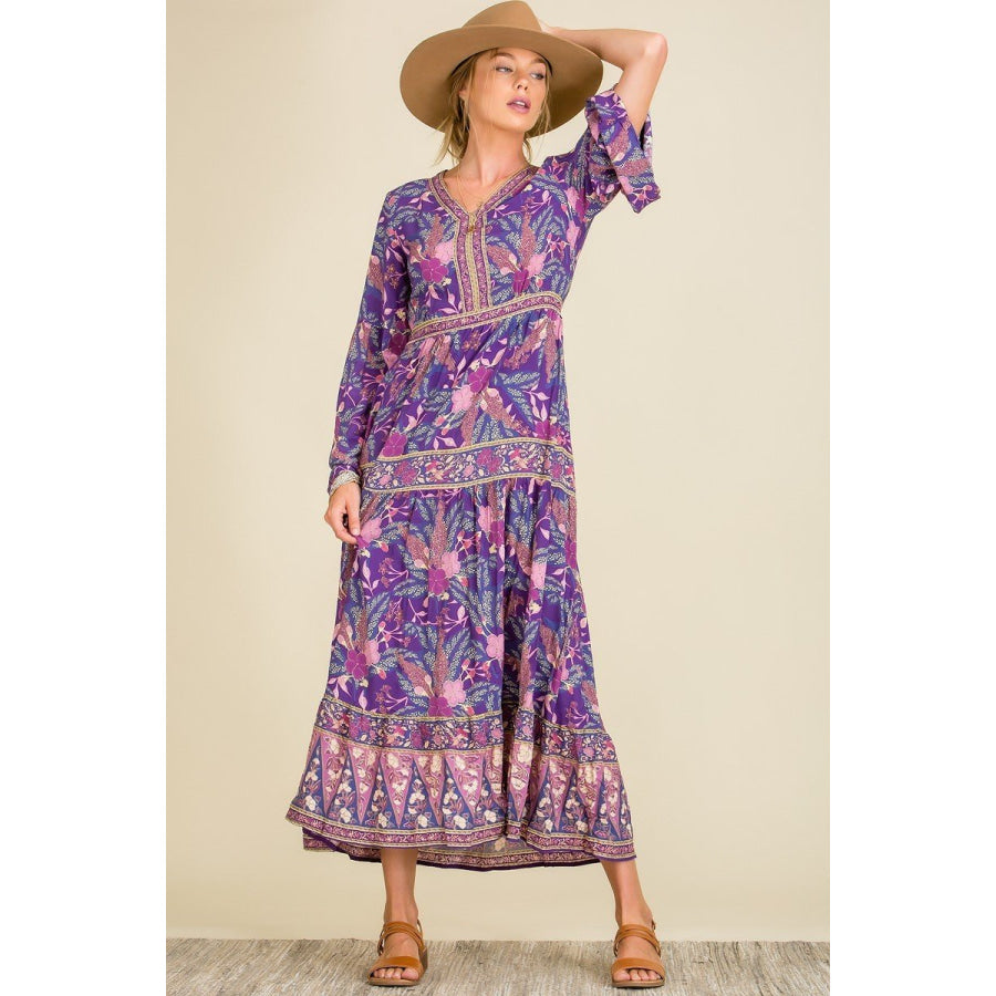NEW! Long Wide Sleeve Boho Dress in Purple Floral Dresses