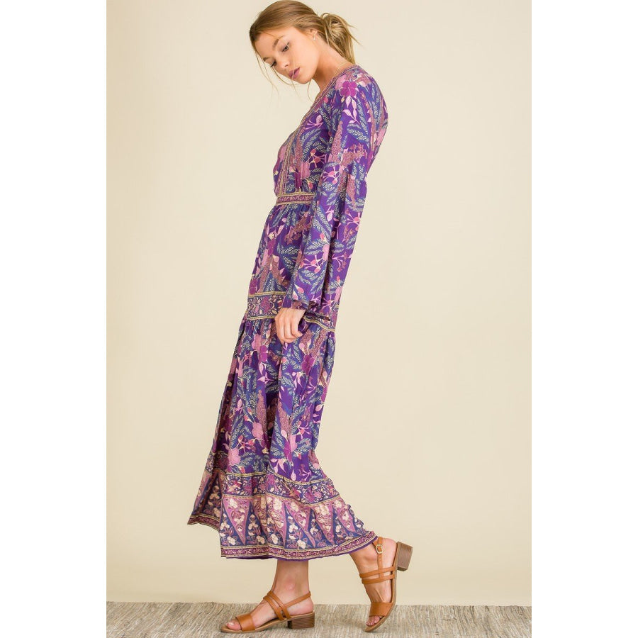 NEW! Long Wide Sleeve Boho Dress in Purple Floral Dresses