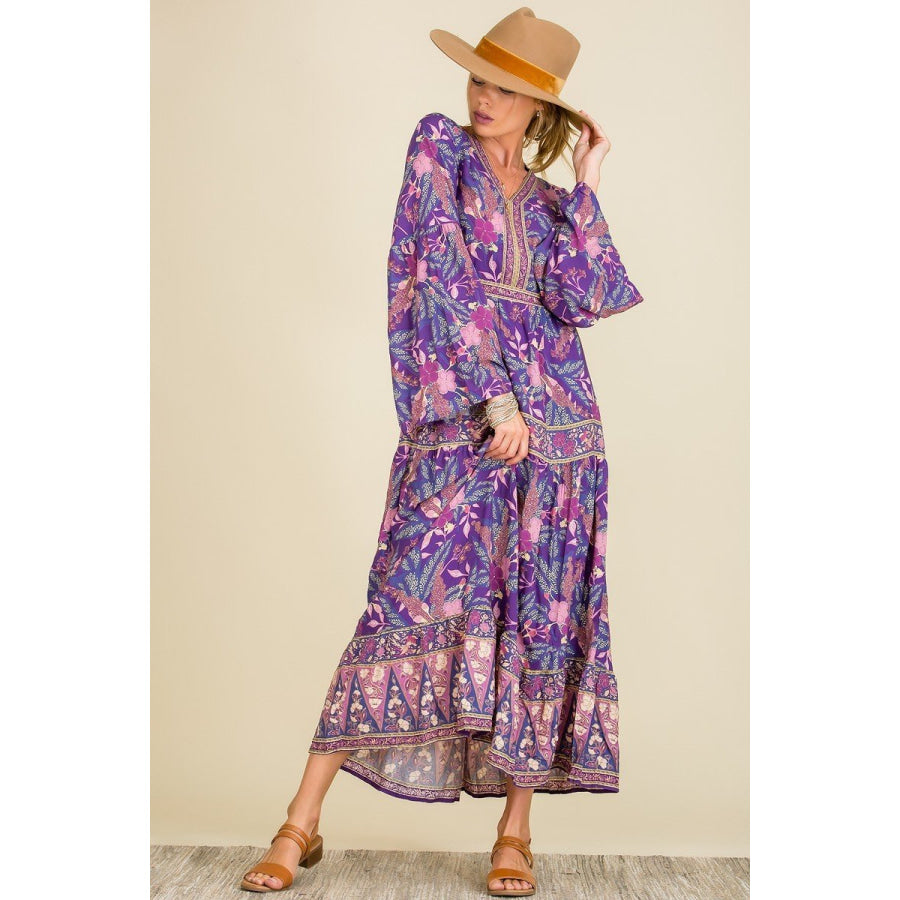 NEW! Long Wide Sleeve Boho Dress in Purple Floral Dresses