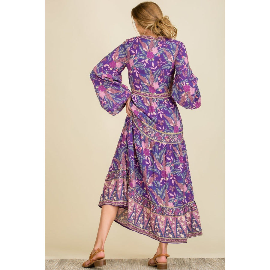 NEW! Long Wide Sleeve Boho Dress in Purple Floral Dresses