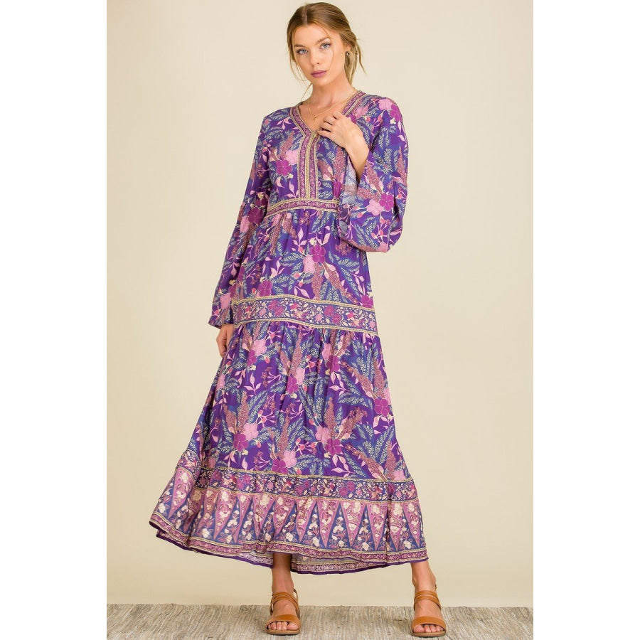 NEW! Long Wide Sleeve Boho Dress in Purple Floral Dresses