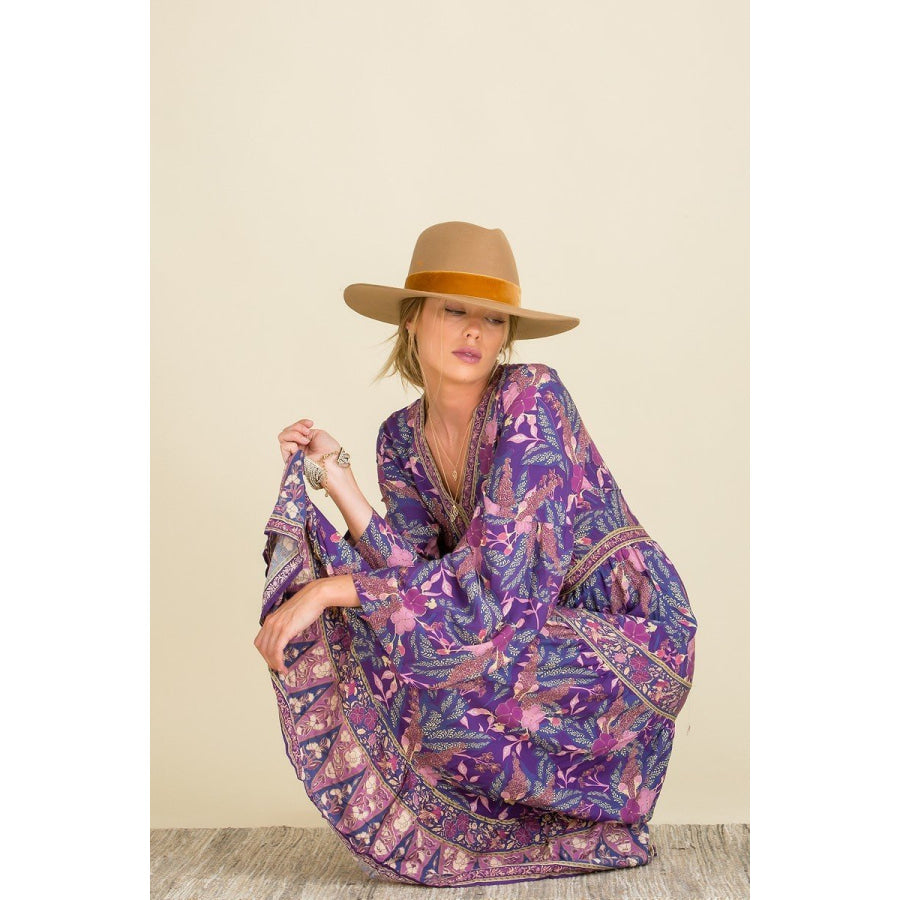 NEW! Long Wide Sleeve Boho Dress in Purple Floral Dresses