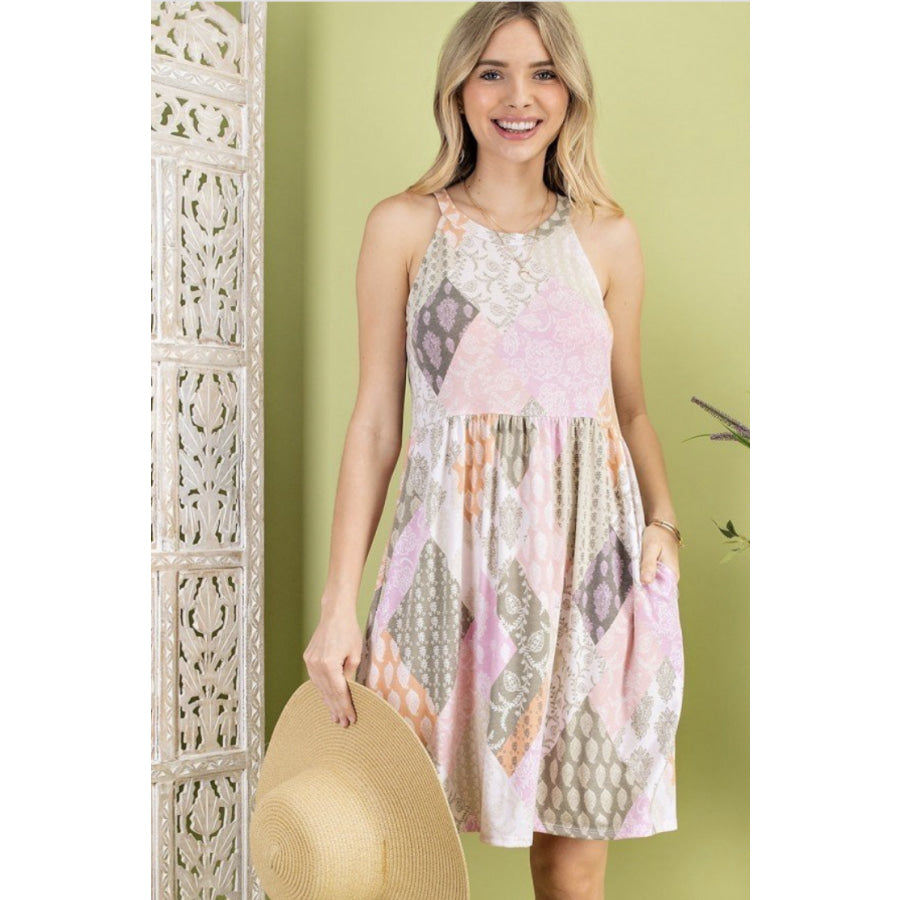 New! Boho Floral Patchwork Tiered Halter Dress with Pockets - Denim / Plum S / Denim / Plum Dress