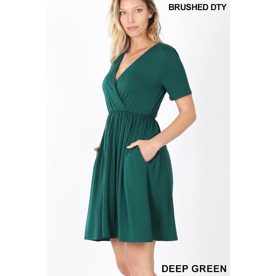 NEW! Brushed DTY Buttery Soft Short Sleeve Surplice Dress with Pockets Deep Green / S Dresses
