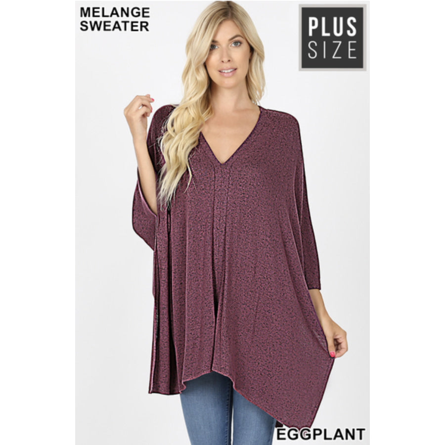 Coming Soon! Brushed Melange Sweater Fabric Oversize V-Neck Poncho Eggplant / 1XL Sweater Poncho