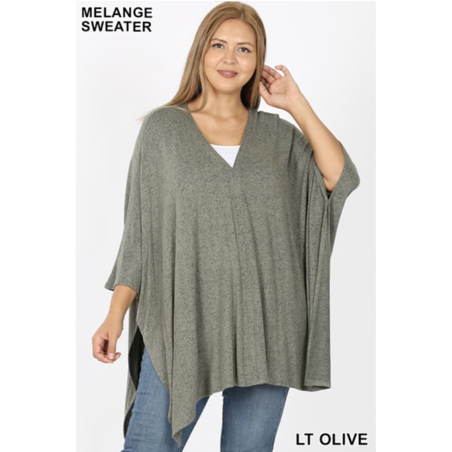 Coming Soon! Brushed Melange Sweater Fabric Oversize V-Neck Poncho Light Olive / 1XL Sweater Poncho