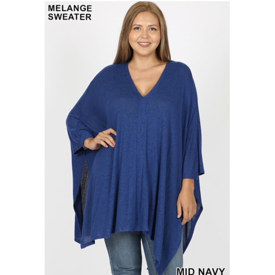 Coming Soon! Brushed Melange Sweater Fabric Oversize V-Neck Poncho Mid Navy / 1XL Sweater Poncho