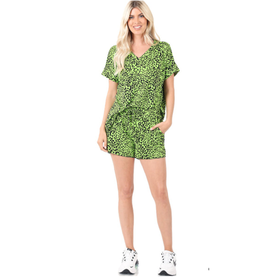 NEW! Buttery Soft Brushed DTY Green Leopard Print Top and Shorts Set S / Green Tops