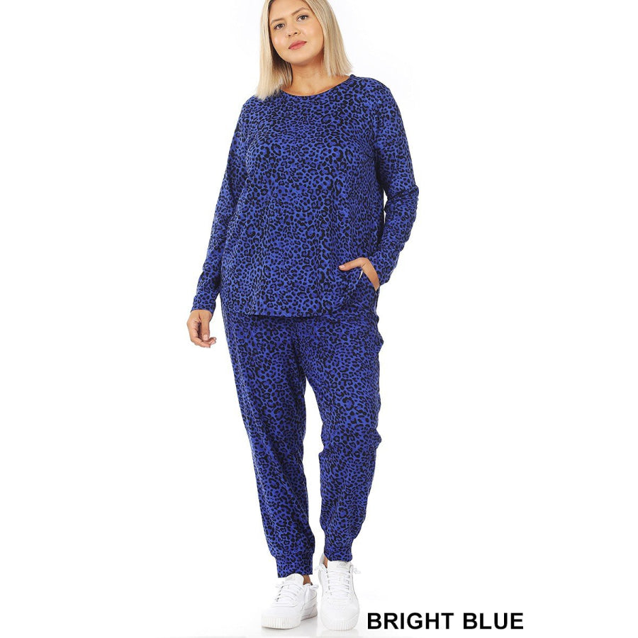 NEW! Buttery Soft Bright Leopard Print Brushed DTY Top and Jogger Set! Bright Blue / 1XL Tops
