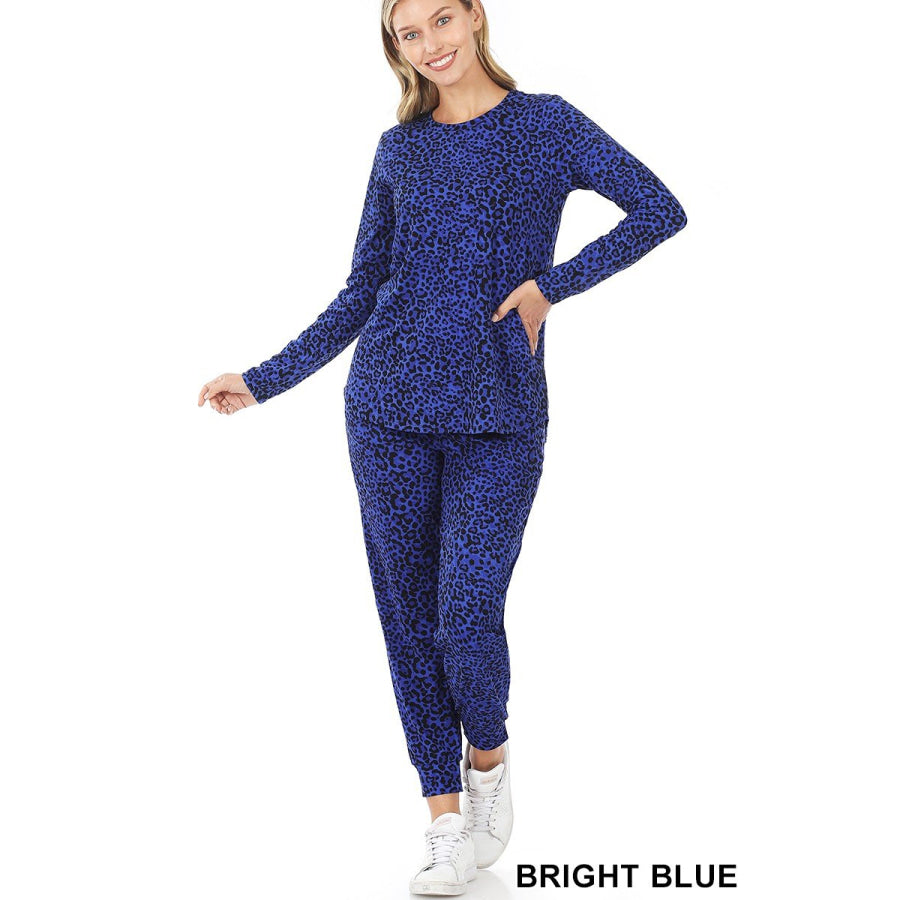 NEW! Buttery Soft Bright Leopard Print Brushed DTY Top and Jogger Set! Bright Blue / S Tops