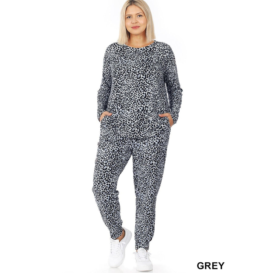 NEW! Buttery Soft Bright Leopard Print Brushed DTY Top and Jogger Set! Grey / 1XL Tops