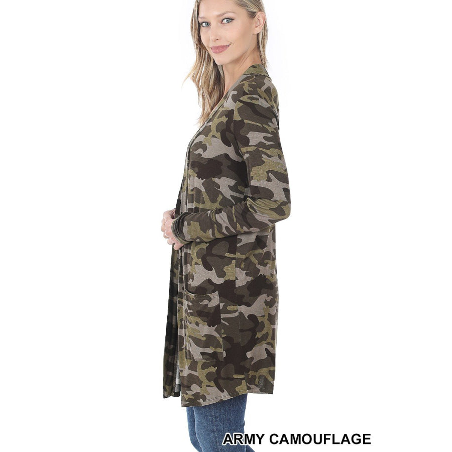 NEW!! Leopard and Camouflage Print Mid-Thigh Slouchy Pocket Open Cardigan Coverups