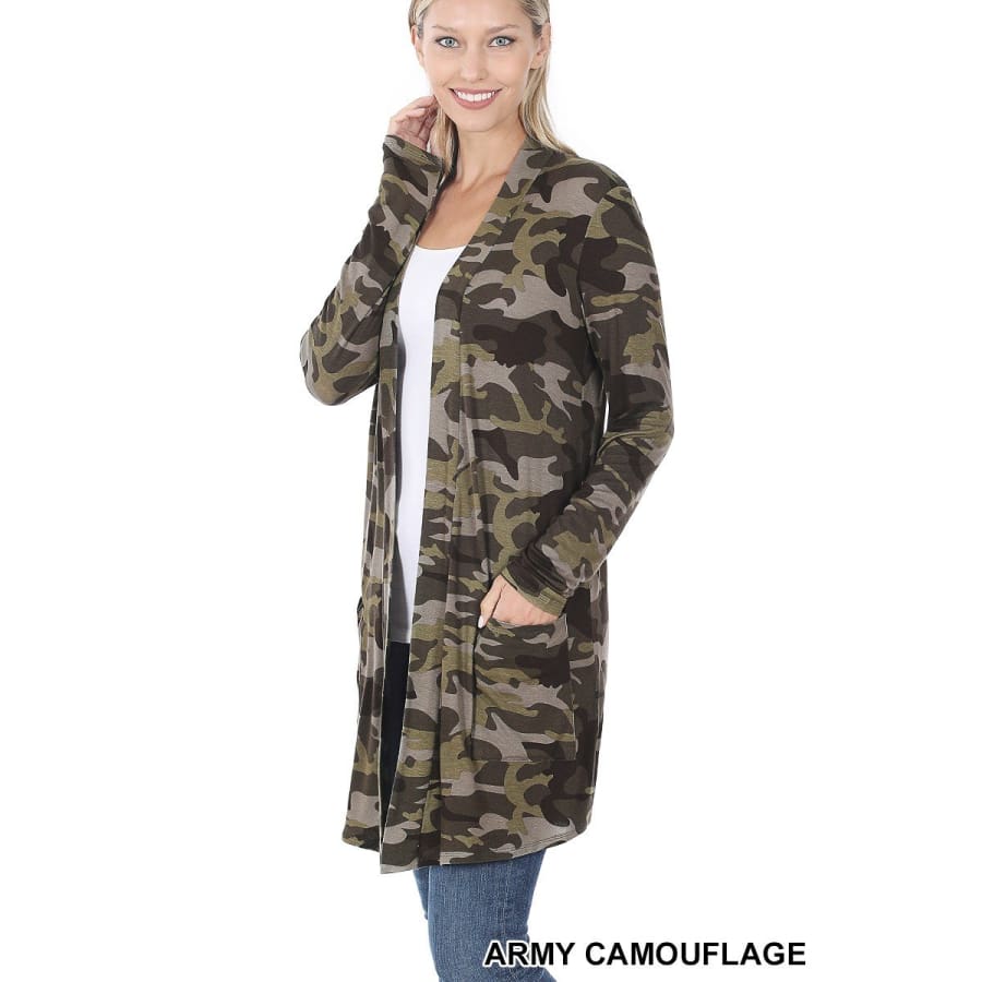 NEW!! Leopard and Camouflage Print Mid-Thigh Slouchy Pocket Open Cardigan Army Camouflage / S Coverups