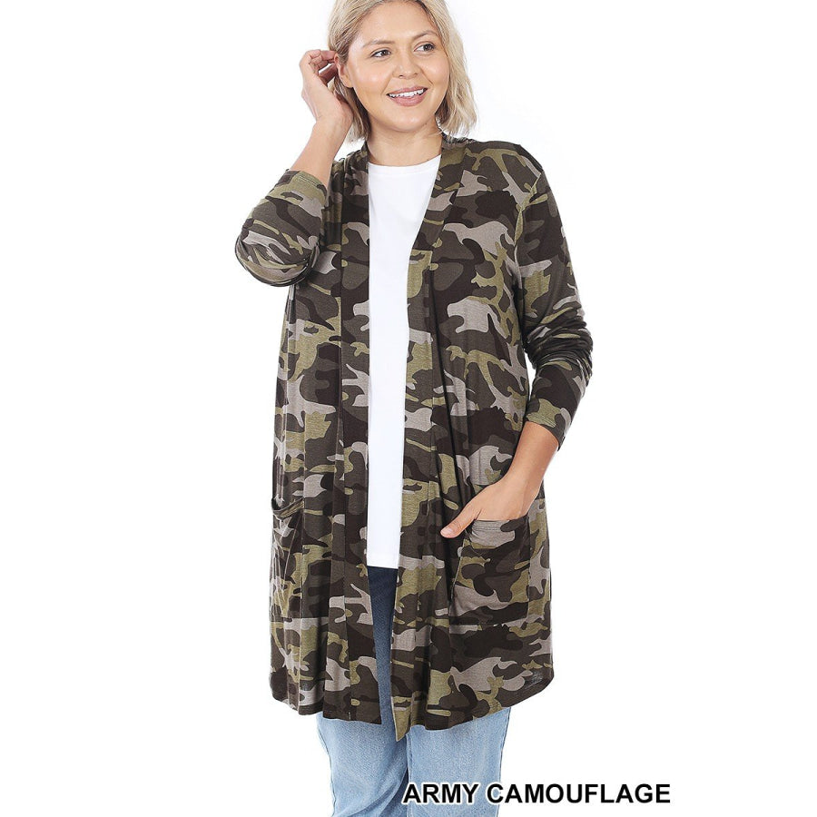 NEW!! Leopard and Camouflage Print Mid-Thigh Slouchy Pocket Open Cardigan Coverups