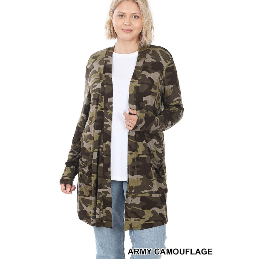 NEW!! Leopard and Camouflage Print Mid-Thigh Slouchy Pocket Open Cardigan Coverups