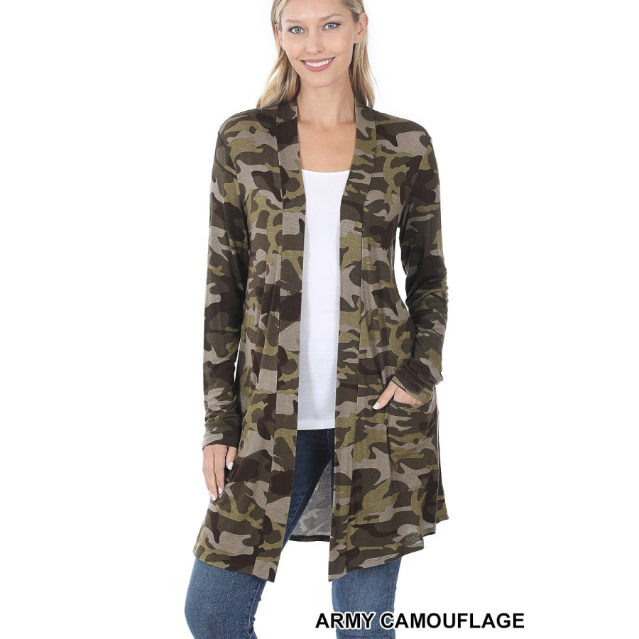 NEW!! Leopard and Camouflage Print Mid-Thigh Slouchy Pocket Open Cardigan Army Camouflage / S Coverups