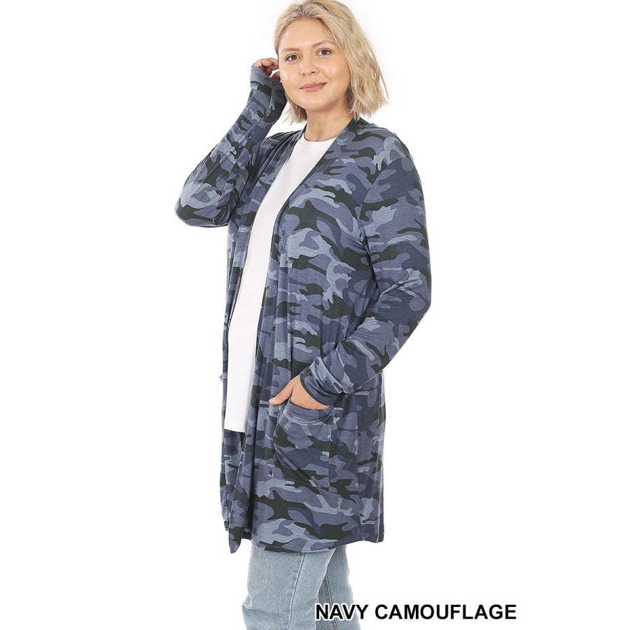 NEW!! Leopard and Camouflage Print Mid-Thigh Slouchy Pocket Open Cardigan Coverups
