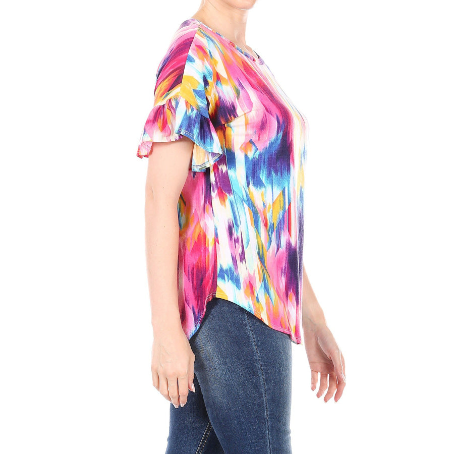 New! Colourful Short Sleeve Round Neck Top with Ruffled Sleeves Tops