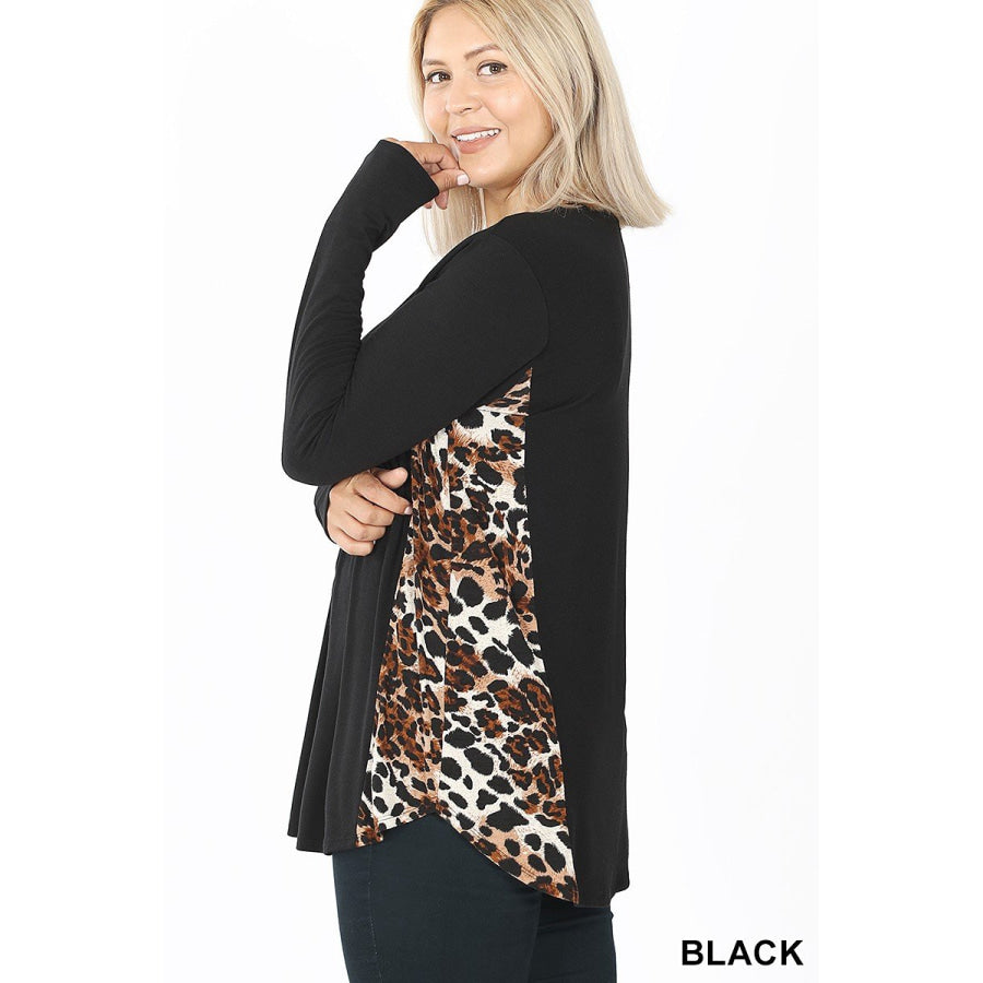 Arriving soon in NOV! Contrast Side Panel Leopard Print Long Sleeve Top Black / 1XL Tops