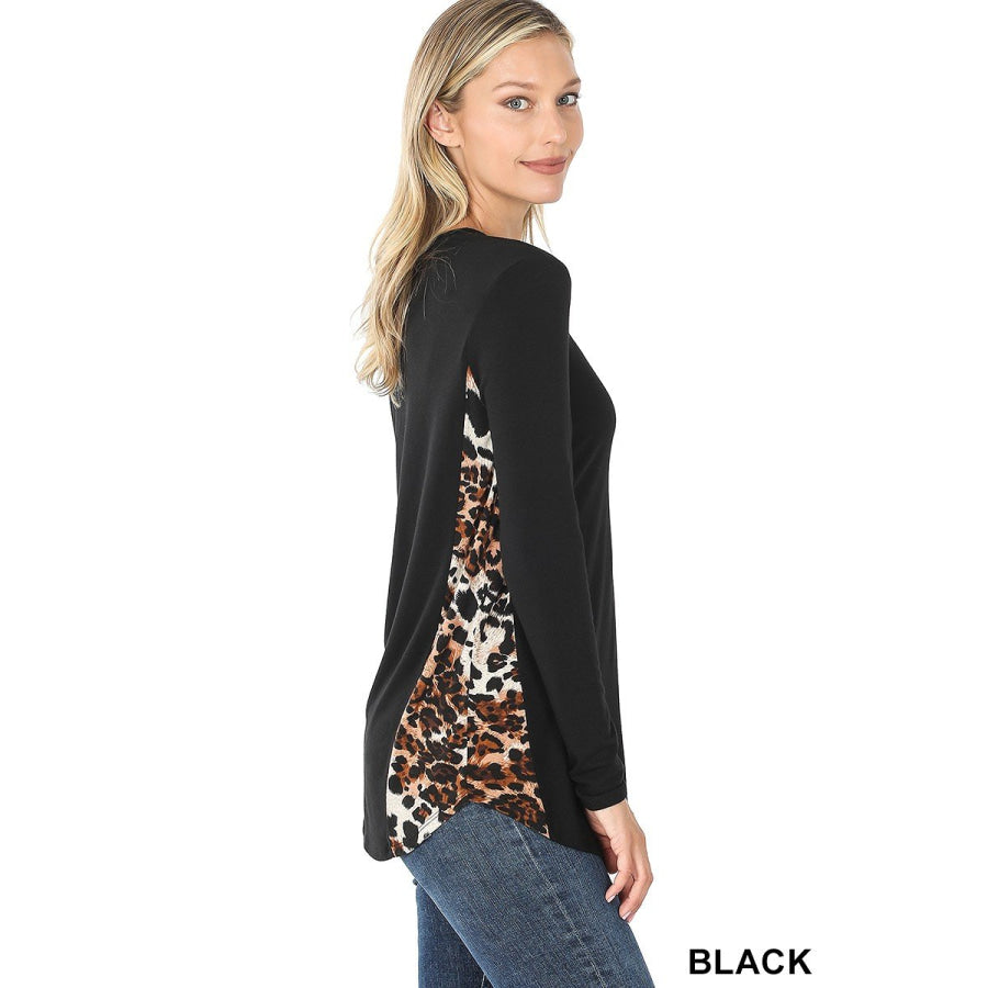 Arriving soon in NOV! Contrast Side Panel Leopard Print Long Sleeve Top Black / S Tops