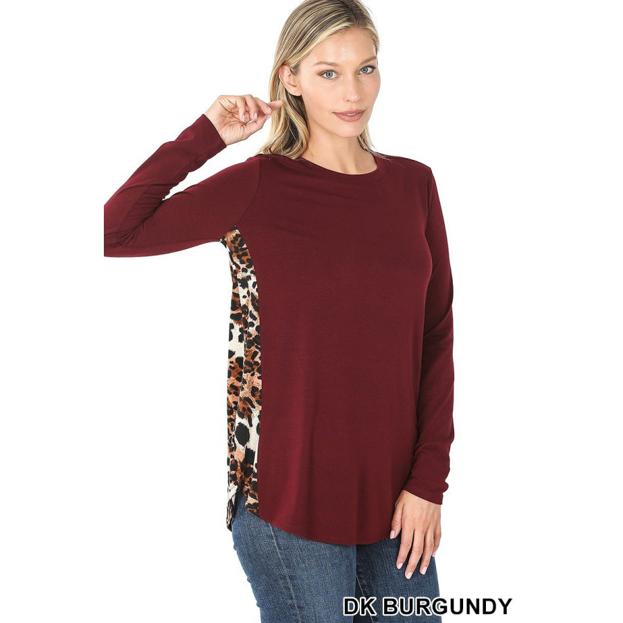 Arriving soon in NOV! Contrast Side Panel Leopard Print Long Sleeve Top Dark Burgundy / S Tops