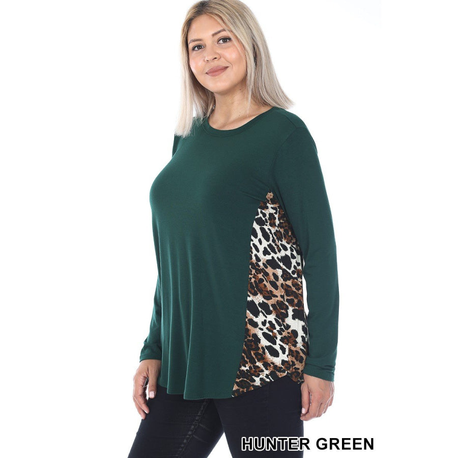 Arriving soon in NOV! Contrast Side Panel Leopard Print Long Sleeve Top Hunter Green / 1XL Tops