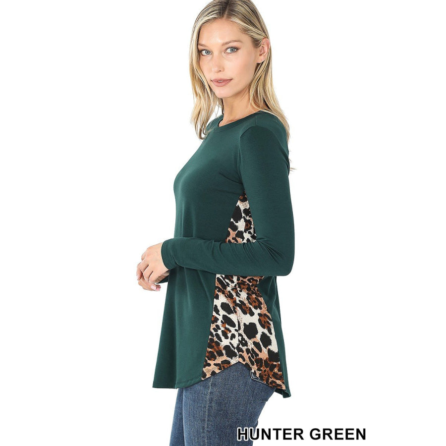 Arriving soon in NOV! Contrast Side Panel Leopard Print Long Sleeve Top Hunter Green / S Tops