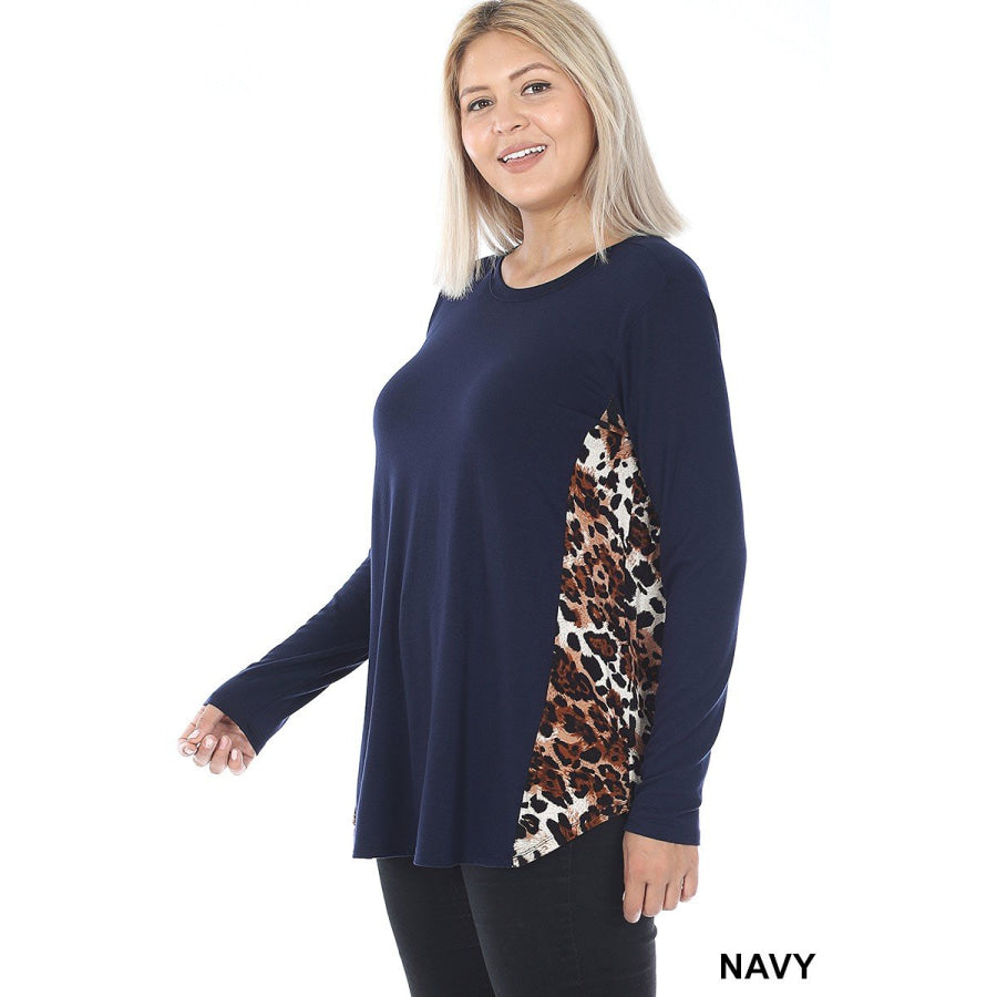 Arriving soon in NOV! Contrast Side Panel Leopard Print Long Sleeve Top Navy / 1XL Tops