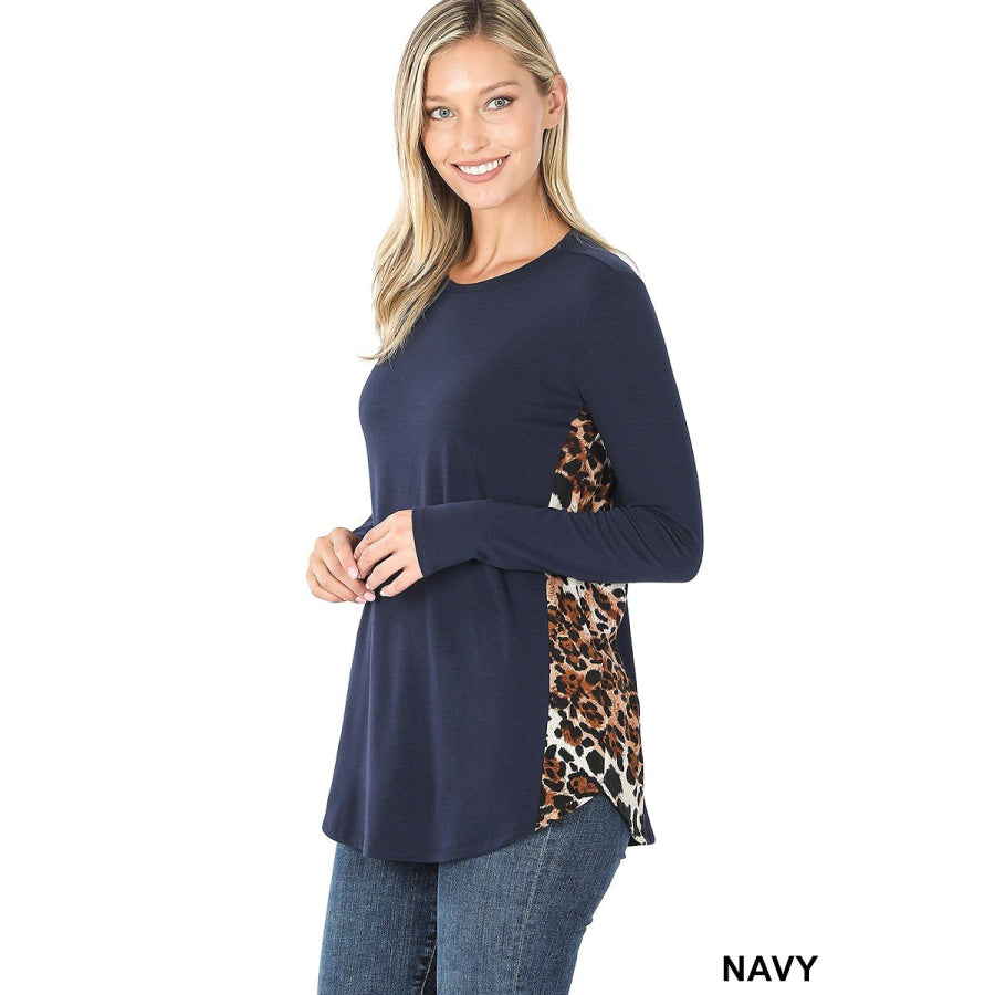 Arriving soon in NOV! Contrast Side Panel Leopard Print Long Sleeve Top Navy / S Tops