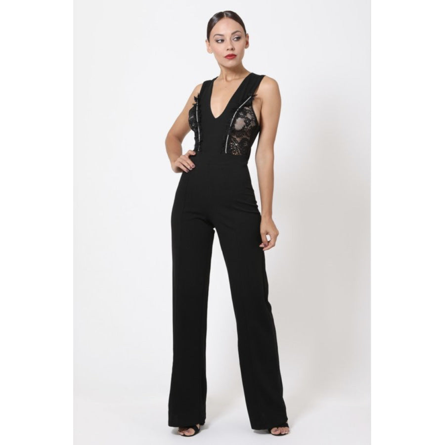 NEW! Crochet-Lace and Rhinestone Cross-Back Jumpsuit S / Black Jumpsuit