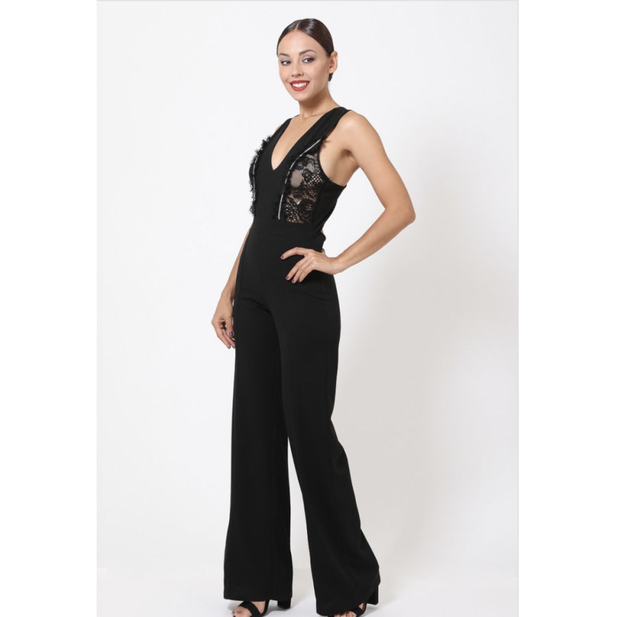 NEW! Crochet-Lace and Rhinestone Cross-Back Jumpsuit Jumpsuit