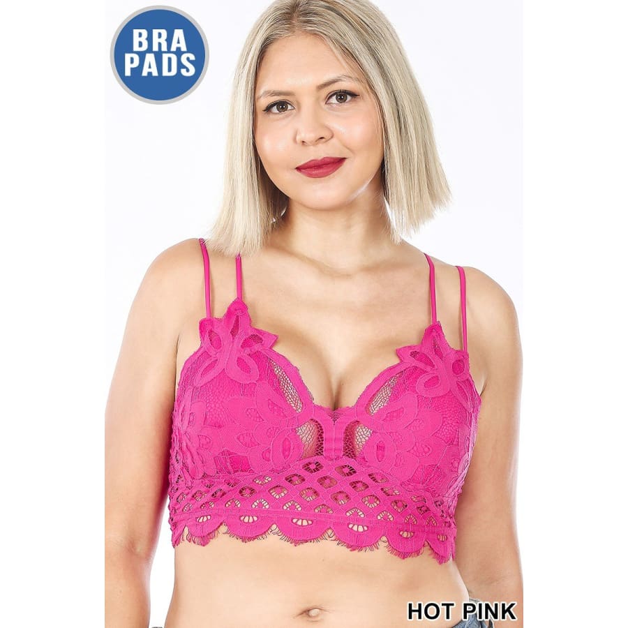NEW! Crochet Lace Bralette with Removable Bra Pads Hot Pink / 1XL Bra