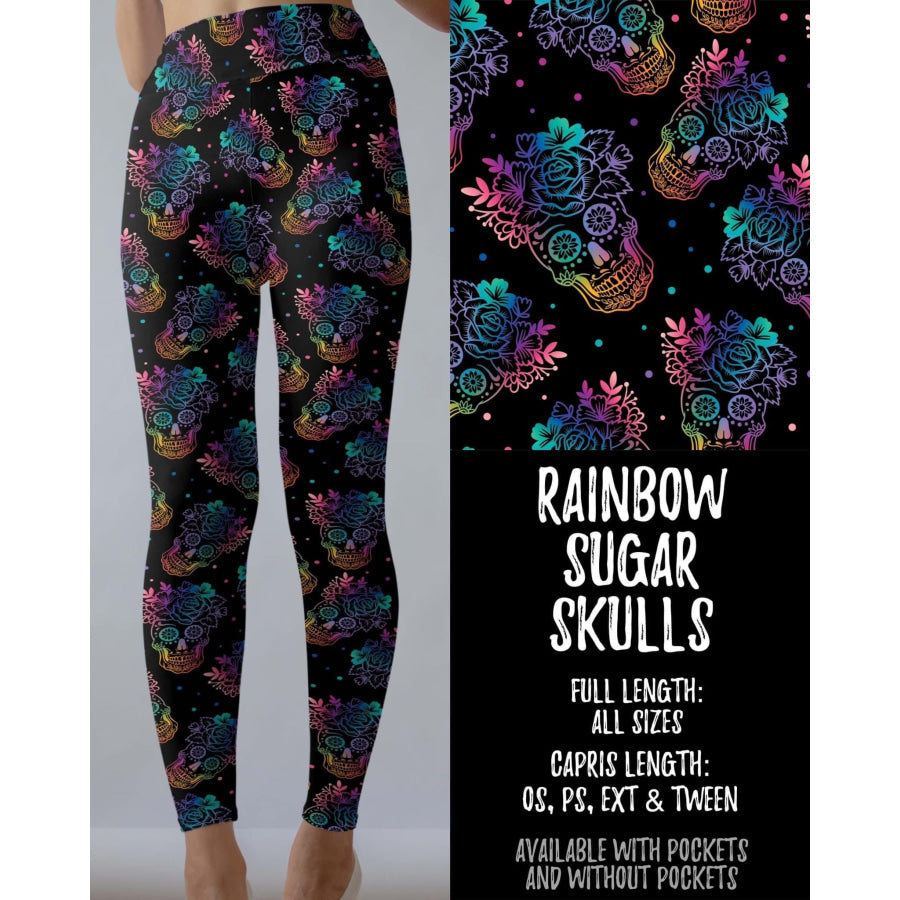 PREORDER Custom Design Leggings / Joggers / Loungers - Rainbow Sugar Skulls - Closes 18 Apr - ETA mid July 2022 OS Full Leggings Leggings