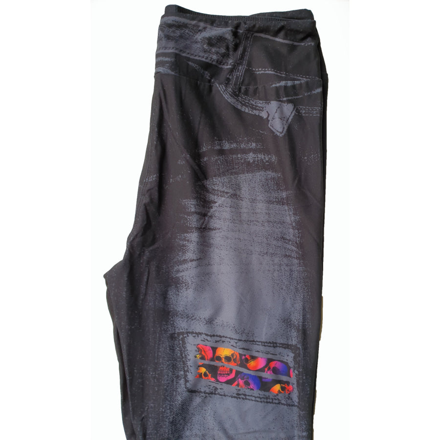 Custom Design Leggings with Pockets - Skull Peek A Boo Faux Denim Leggings