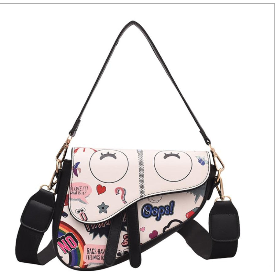 PREORDER Faux Leather Saddle Bag with Cross Body Strap - Closes 3 March - ETA late April 2022 Graffiti Print Black Straps Handbags