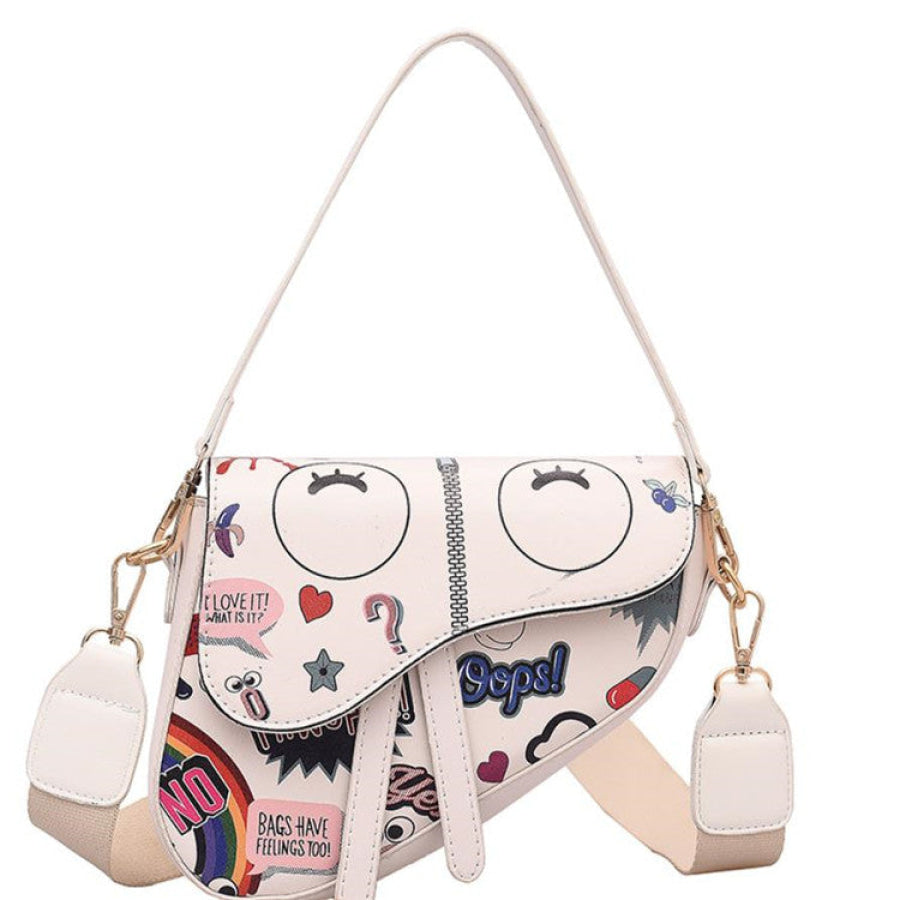 PREORDER Faux Leather Saddle Bag with Cross Body Strap - Closes 3 March - ETA late April 2022 Graffiti Print White Straps Handbags