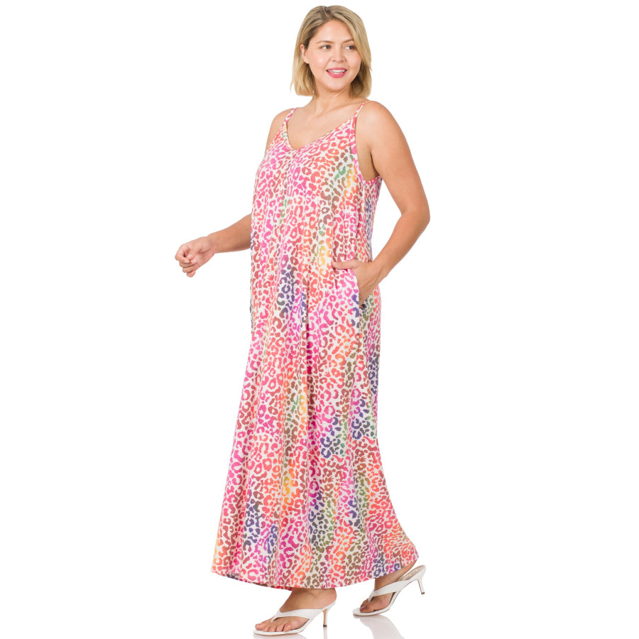 PREORDER! French Terry Rainbow Leopard V-Neck Cami Maxi Dress with Pockets - Bright Rainbow - ETA mid October 1XL Dresses