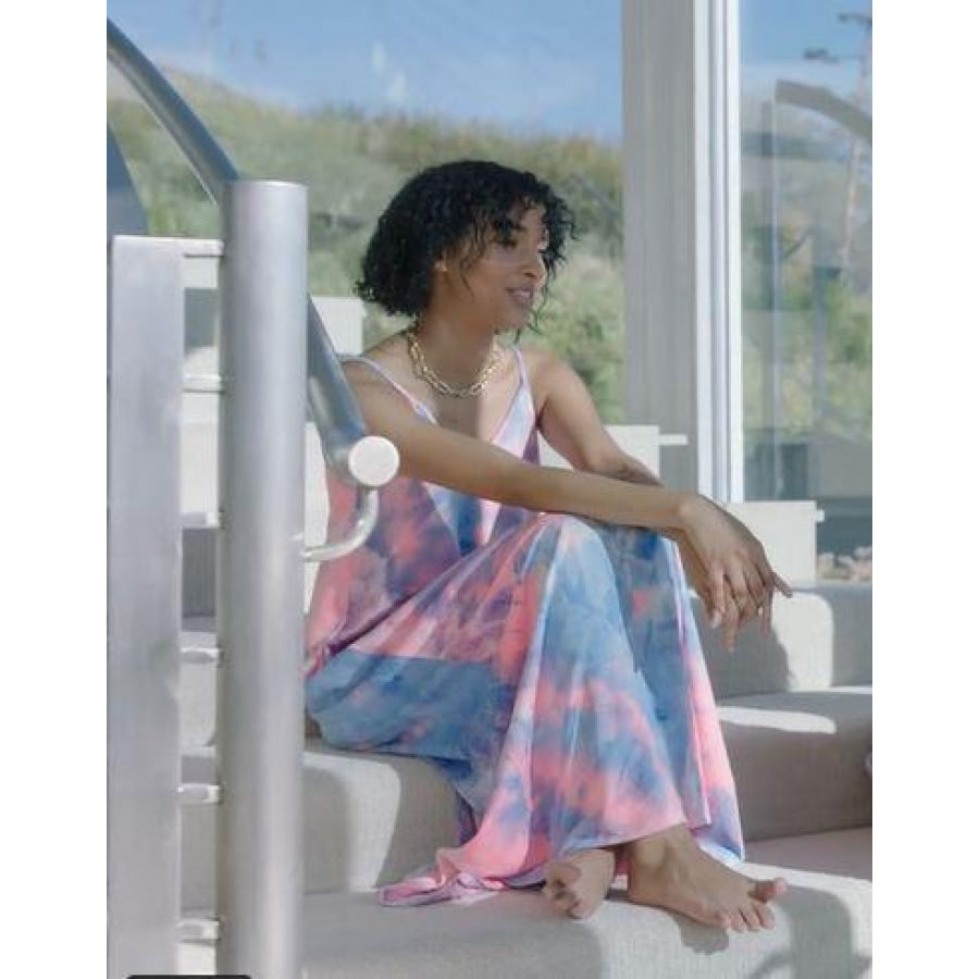 NEW! French Terry Tie Dye V-Neck Cami Maxi Dress with Pockets Dresses