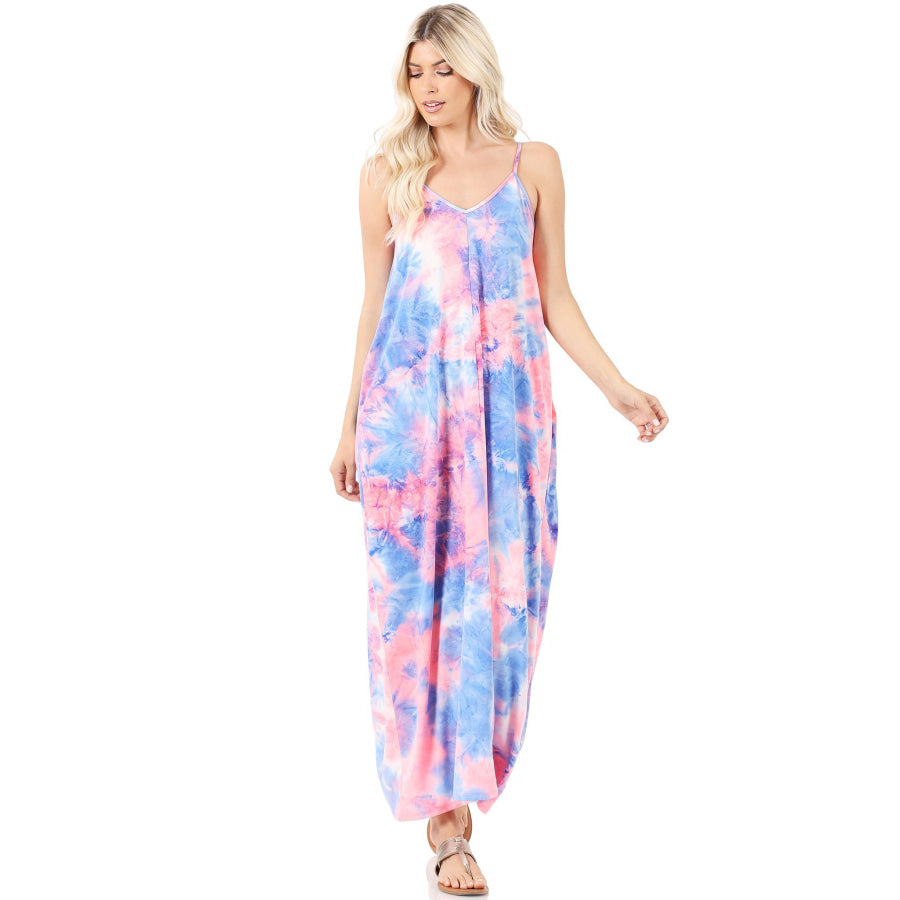 NEW! French Terry Tie Dye V-Neck Cami Maxi Dress with Pockets Dresses