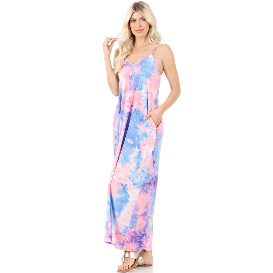 NEW! French Terry Tie Dye V-Neck Cami Maxi Dress with Pockets Dresses