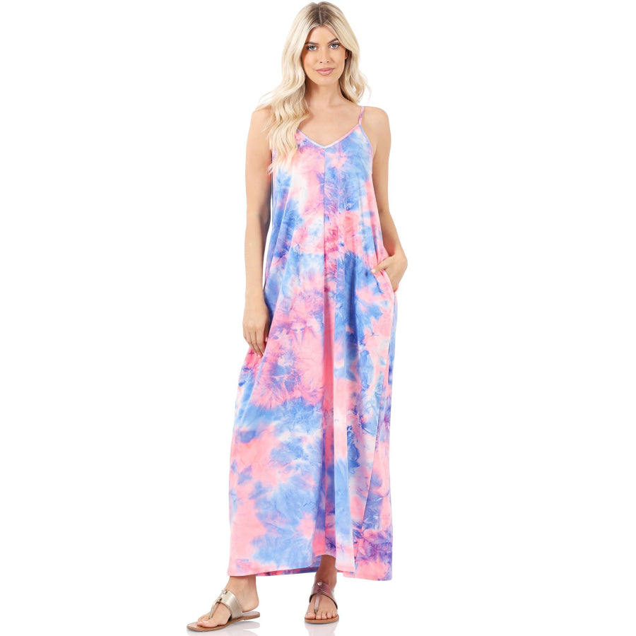 NEW! French Terry Tie Dye V-Neck Cami Maxi Dress with Pockets Dresses