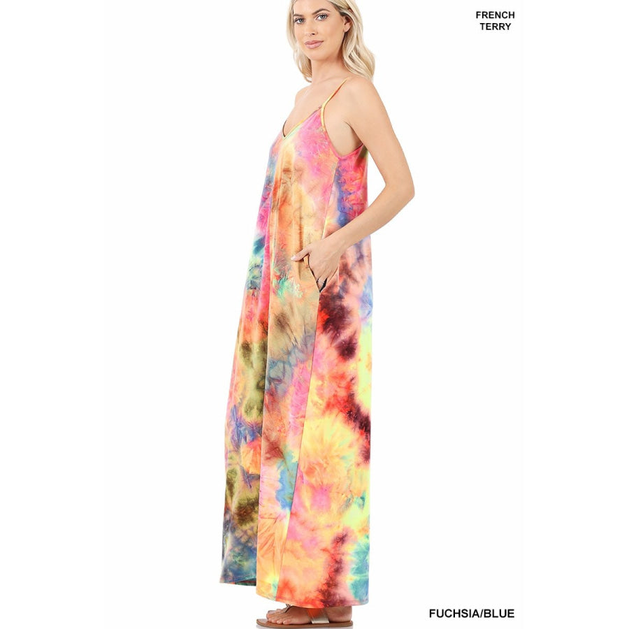 NEW! French Terry Tie Dye V-Neck Cami Maxi Dress with Pockets Dresses