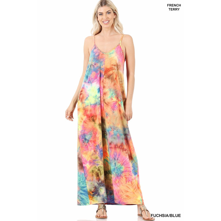 NEW! French Terry Tie Dye V-Neck Cami Maxi Dress with Pockets Dresses