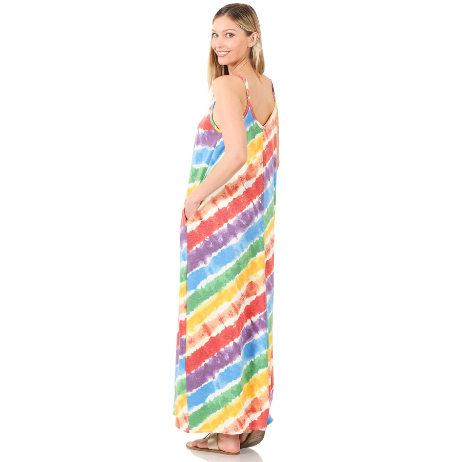 NEW! French Terry Tie Dye V-Neck Cami Maxi Dress with Pockets Dresses