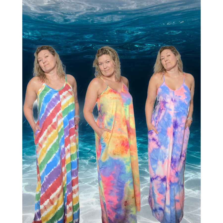 NEW! French Terry Tie Dye V-Neck Cami Maxi Dress with Pockets Dresses