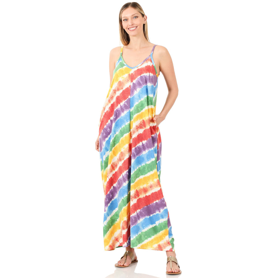 NEW! French Terry Tie Dye V-Neck Cami Maxi Dress with Pockets Dresses