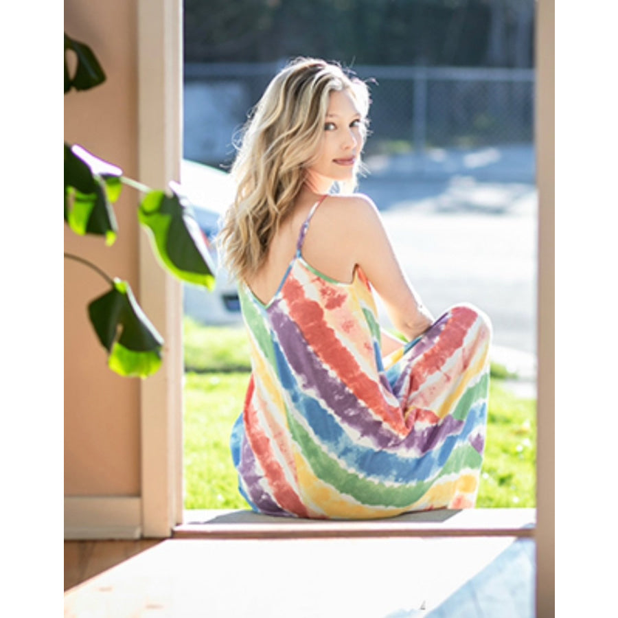 NEW! French Terry Tie Dye V-Neck Cami Maxi Dress with Pockets Dresses